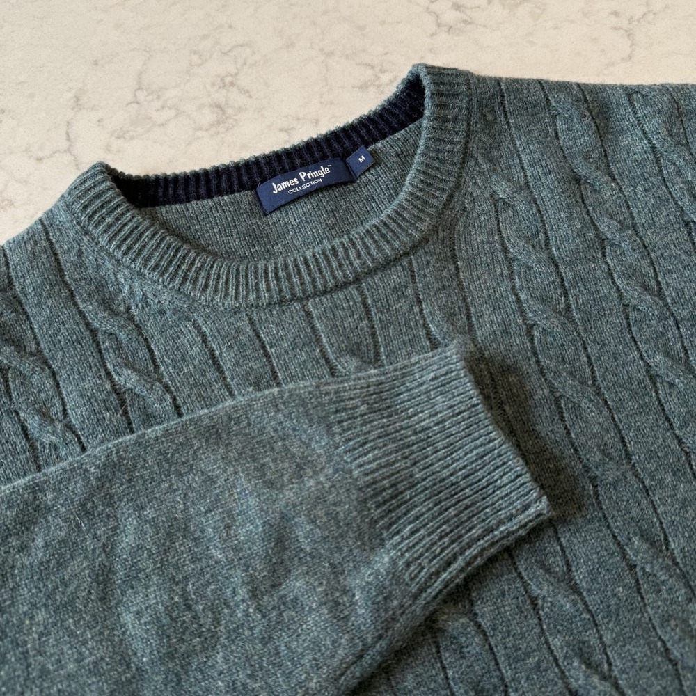 James Pringle Collection Cable Knit Crewneck Sweater Wool M Blue Green